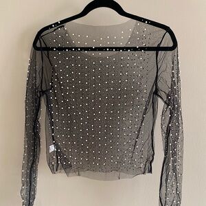 Sheer Long Sleeve Top With Pearls/Rhinestones